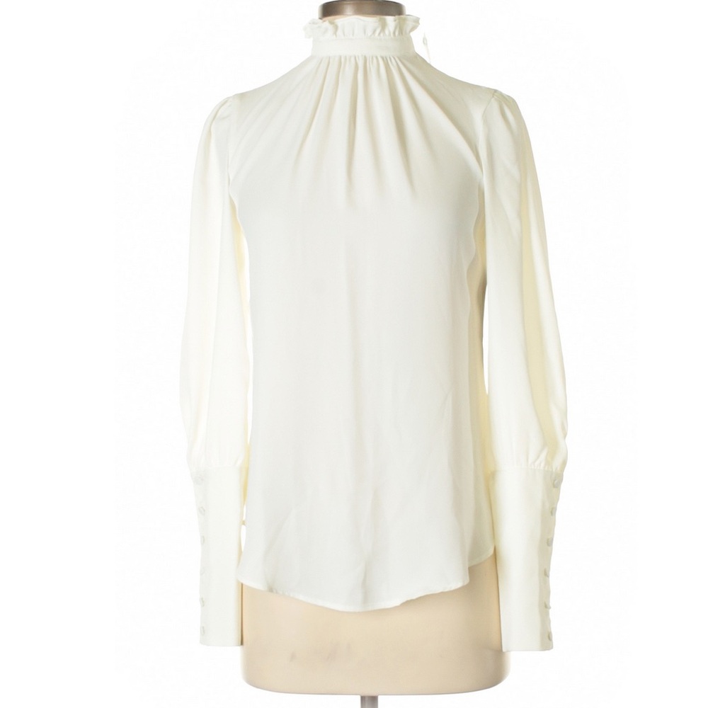 Eva Longoria - Ruffled Mock Neck Blouse with Buttoned Cuffs